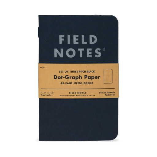 A Field Notes notebook with a sleeve indicating it is the Dot-graph paper version