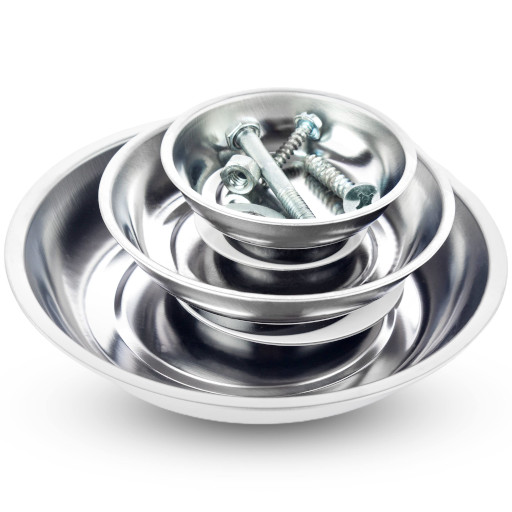 A stack of parts bowls with some bolts in the top bowl